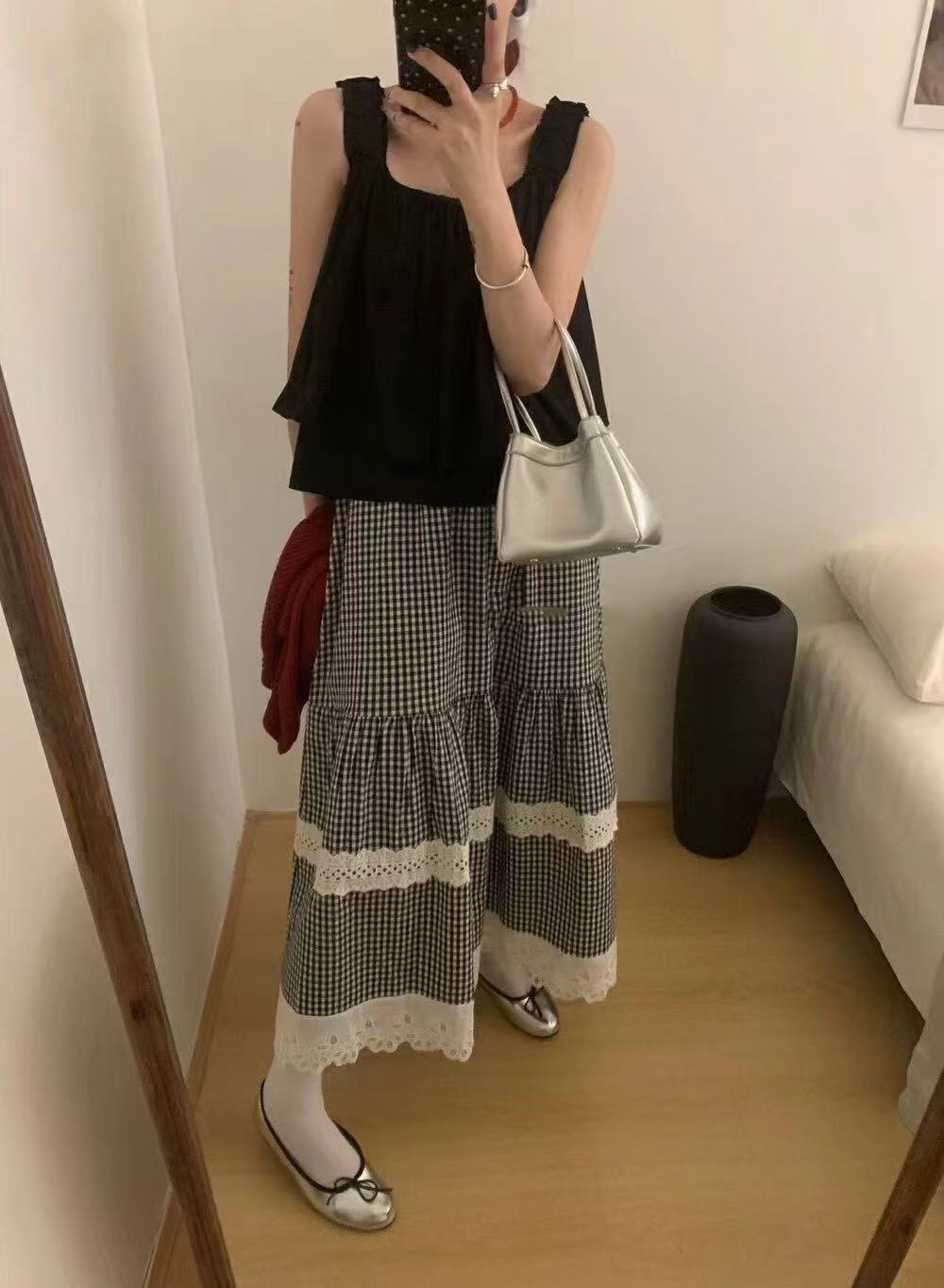 ロングスカート レース装飾格子柄マキシスカート