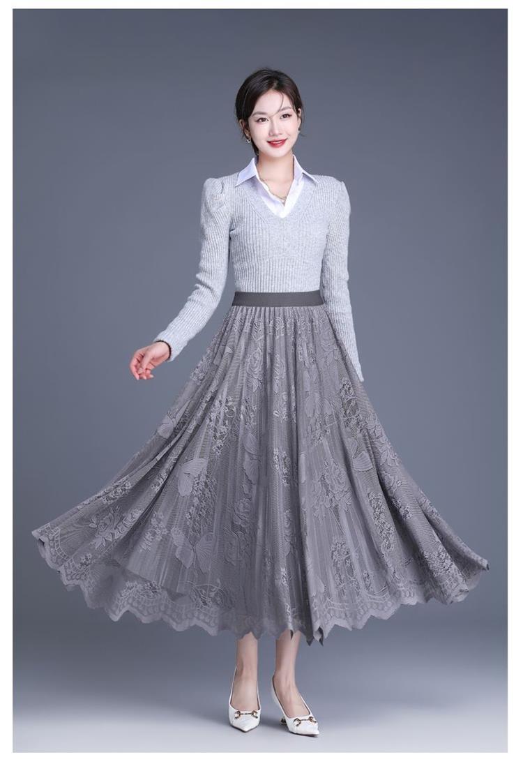 ロングスカート 花模様レースプリーツロングスカート