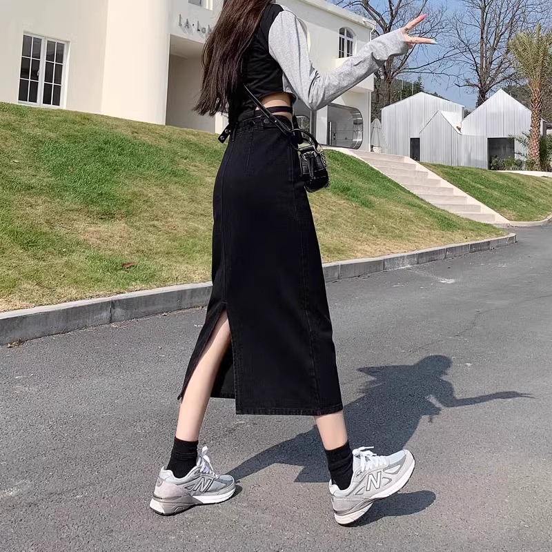 ロングスカート シンプルロングデニムスリットスカート