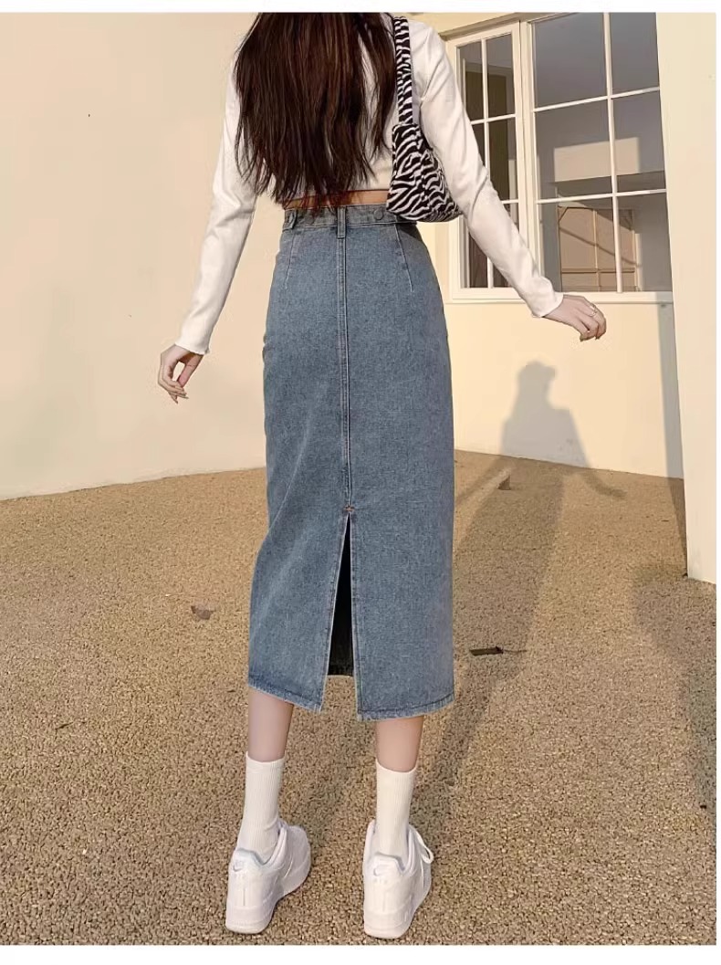 ロングスカート シンプルロングデニムスリットスカート