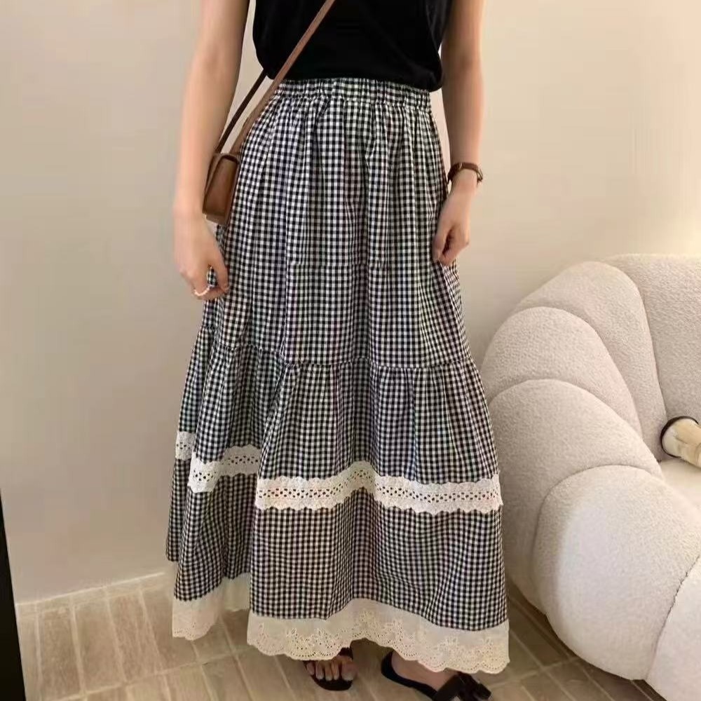 ロングスカート レース装飾格子柄マキシスカート