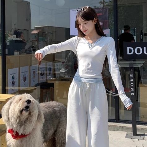 ロンT 格子柄トリム長袖プルオーバー