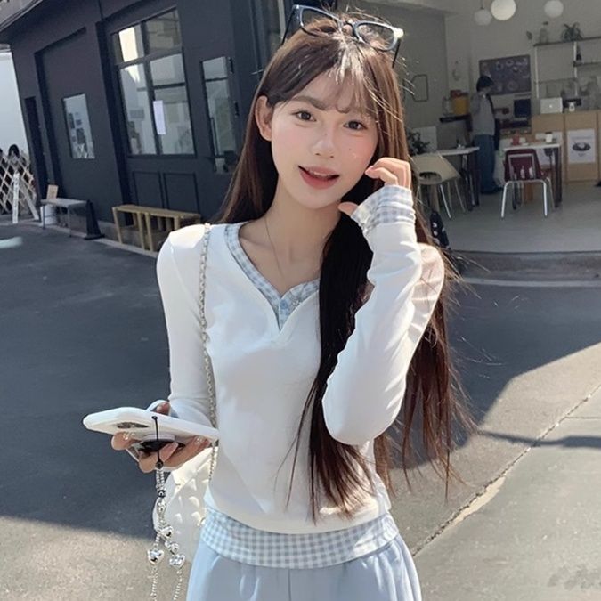 ロンT 格子柄トリム長袖プルオーバー