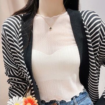 ロンT 透け感フリルネックシアートップス