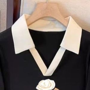 ロンT バイカラー襟 薔薇刺繍ロングTシャツ