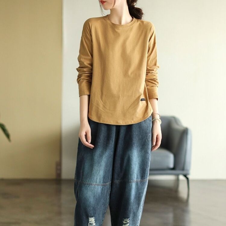 ロンT シンプル丸首ゆったりロンT