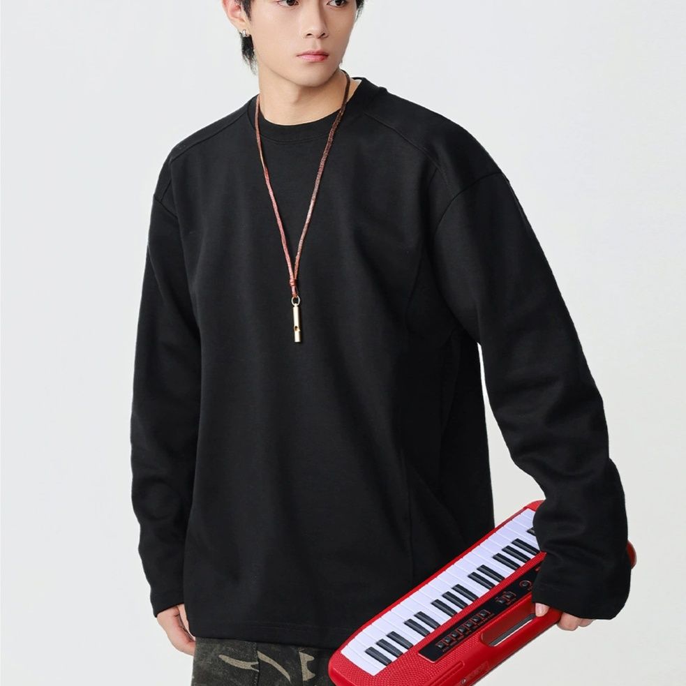 メンズ丸首無地長袖シャツ 男女兼用ゆったりロンT厚手 全3色