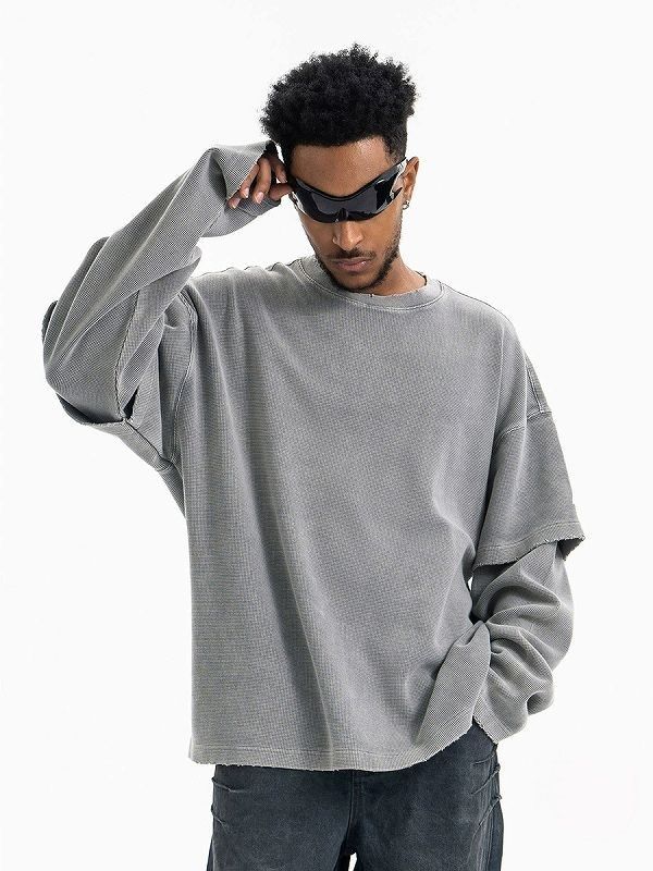 メンズコットン 重ね着風 無地 ロンT 男女兼用 二枚重ね