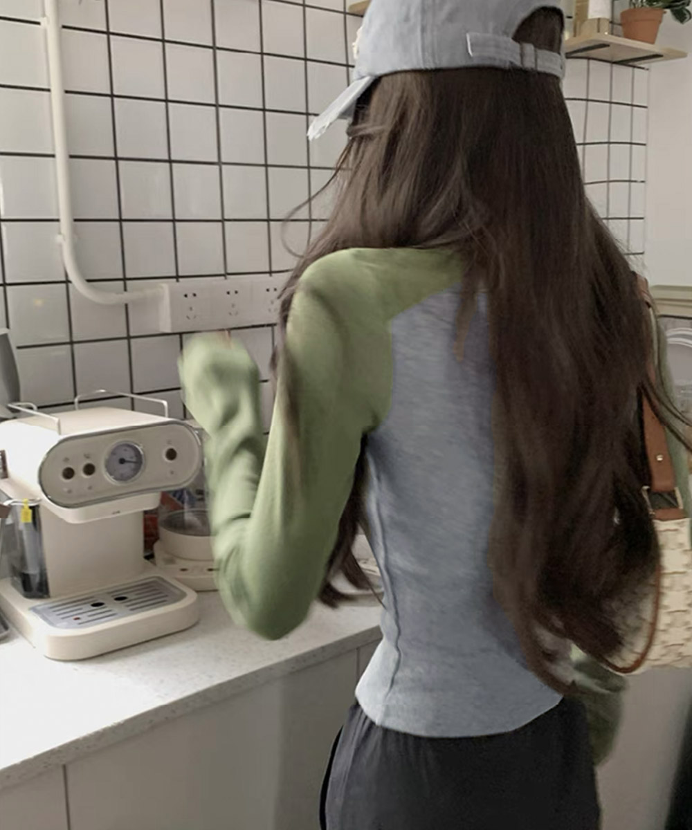 ロンT薄手 バイカラー配色リブ編み長袖ロンティー