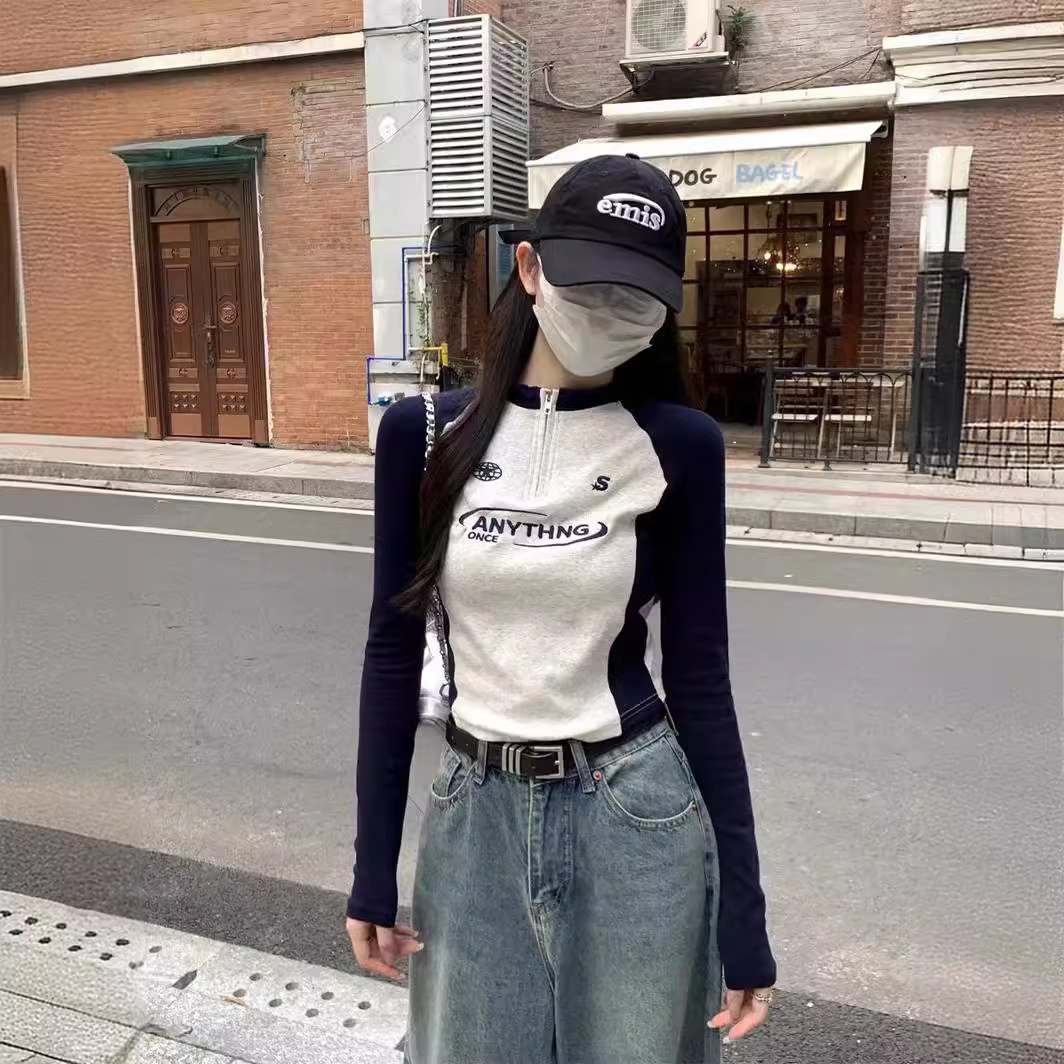 ロンT ラグラン切替ハーフジッププルオーバー