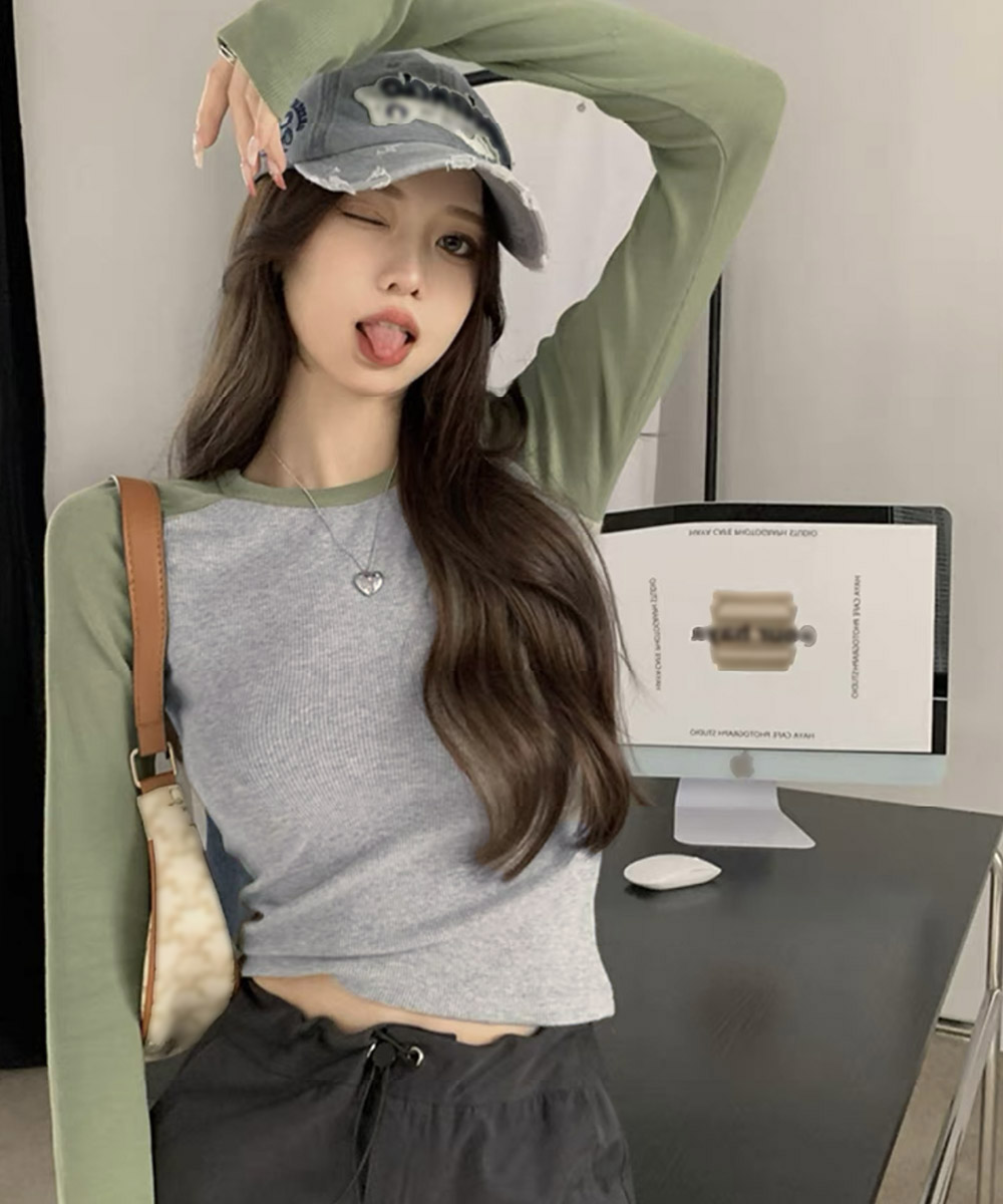 ロンT薄手 バイカラー配色リブ編み長袖ロンティー