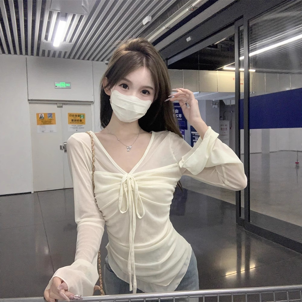 ロンT 胸元リボン透け感シアートップス