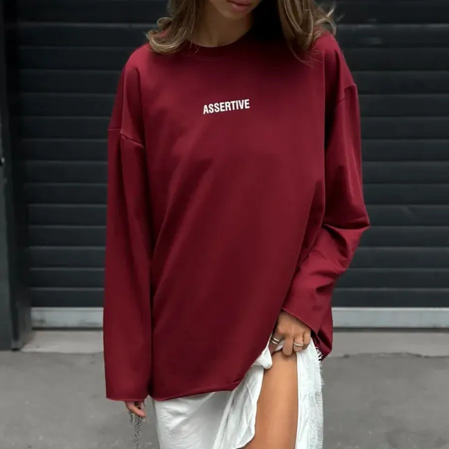 ロンTコットン ワンポイント文字刺繍ゆったりシルエット長袖シャツ