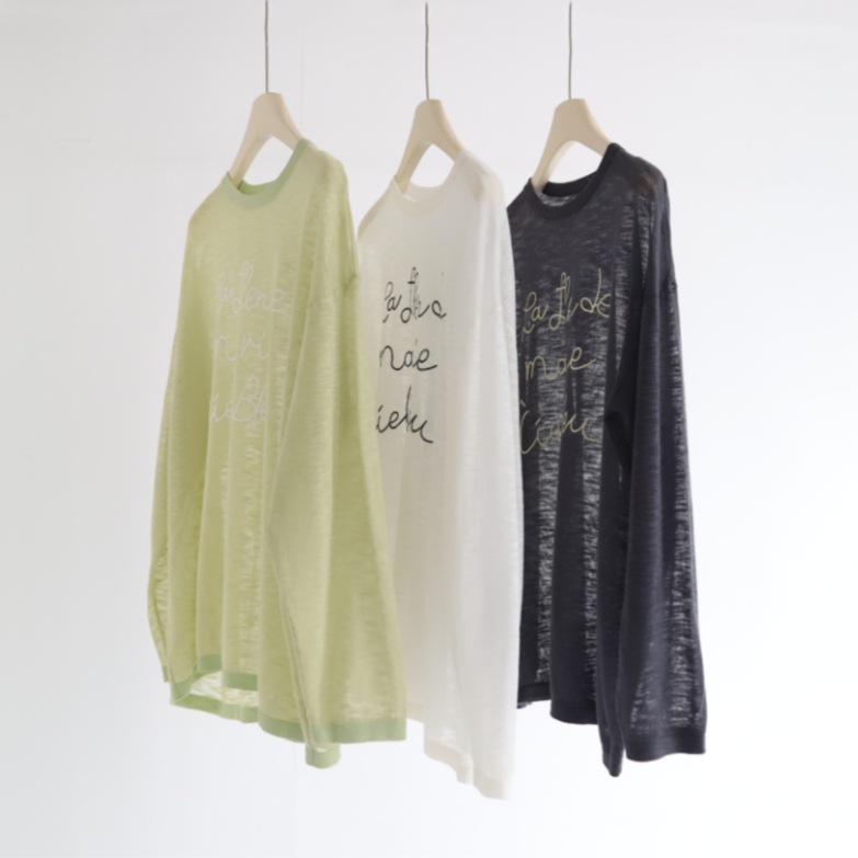 ロンT 繊細文字刺繍 透け感長袖シャツ