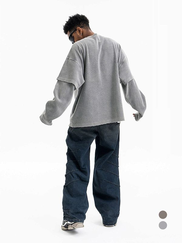 メンズコットン 重ね着風 無地 ロンT 男女兼用 二枚重ね