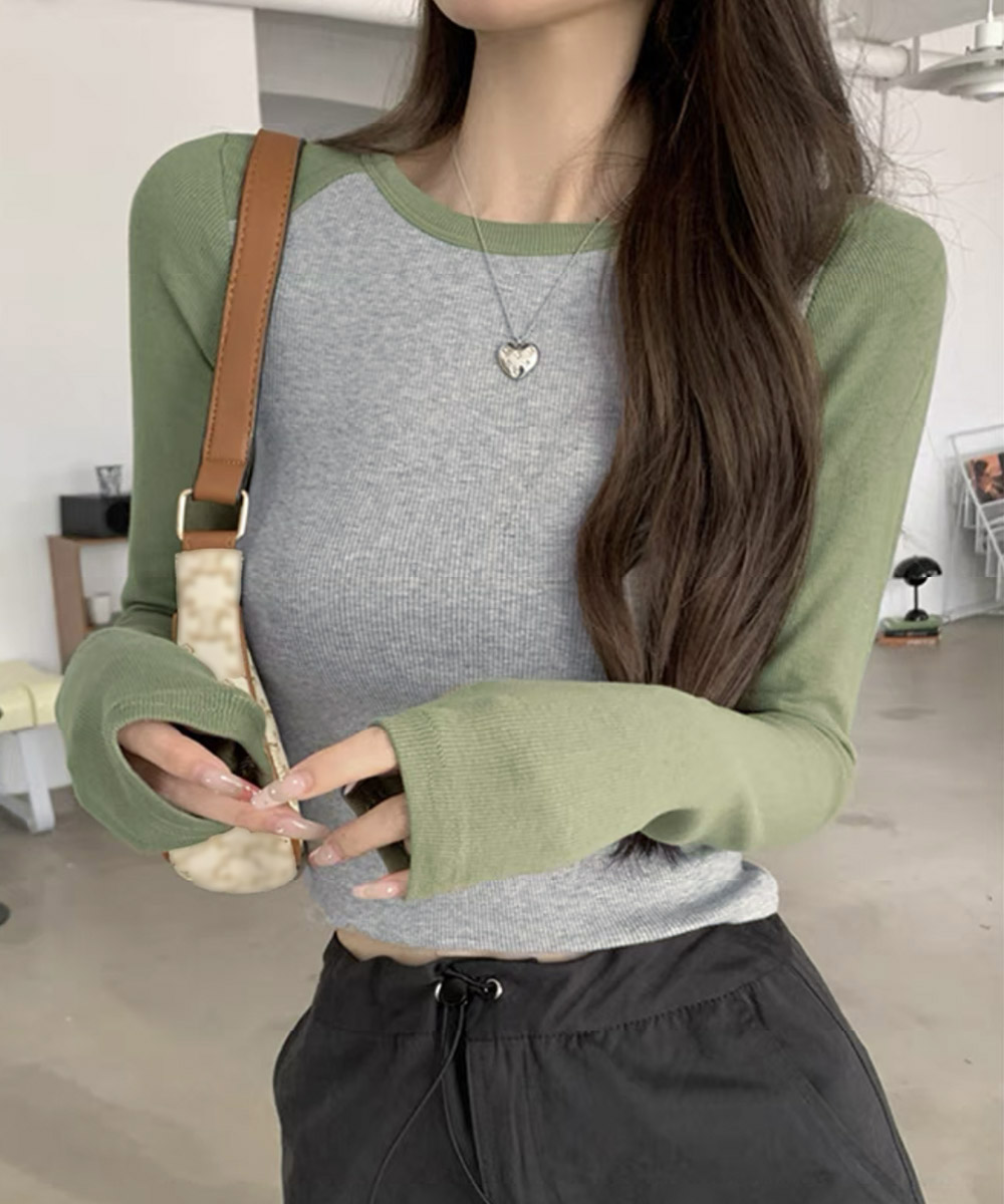 ロンT薄手 バイカラー配色リブ編み長袖ロンティー