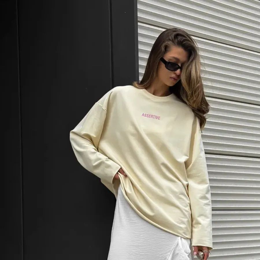 ロンTコットン ワンポイント文字刺繍ゆったりシルエット長袖シャツ