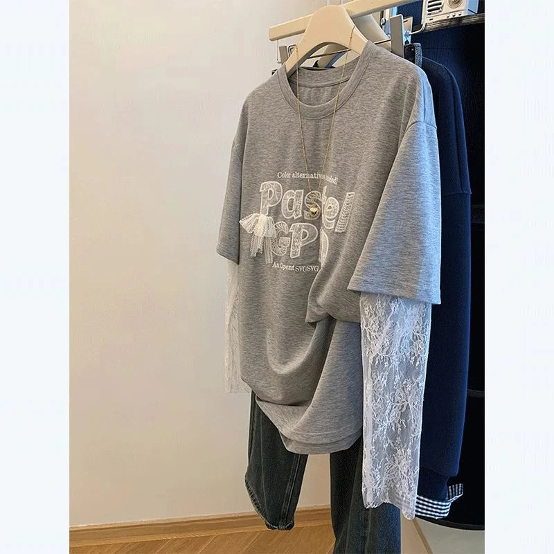 ロンT 刺繍装飾レースロングＴシャツ