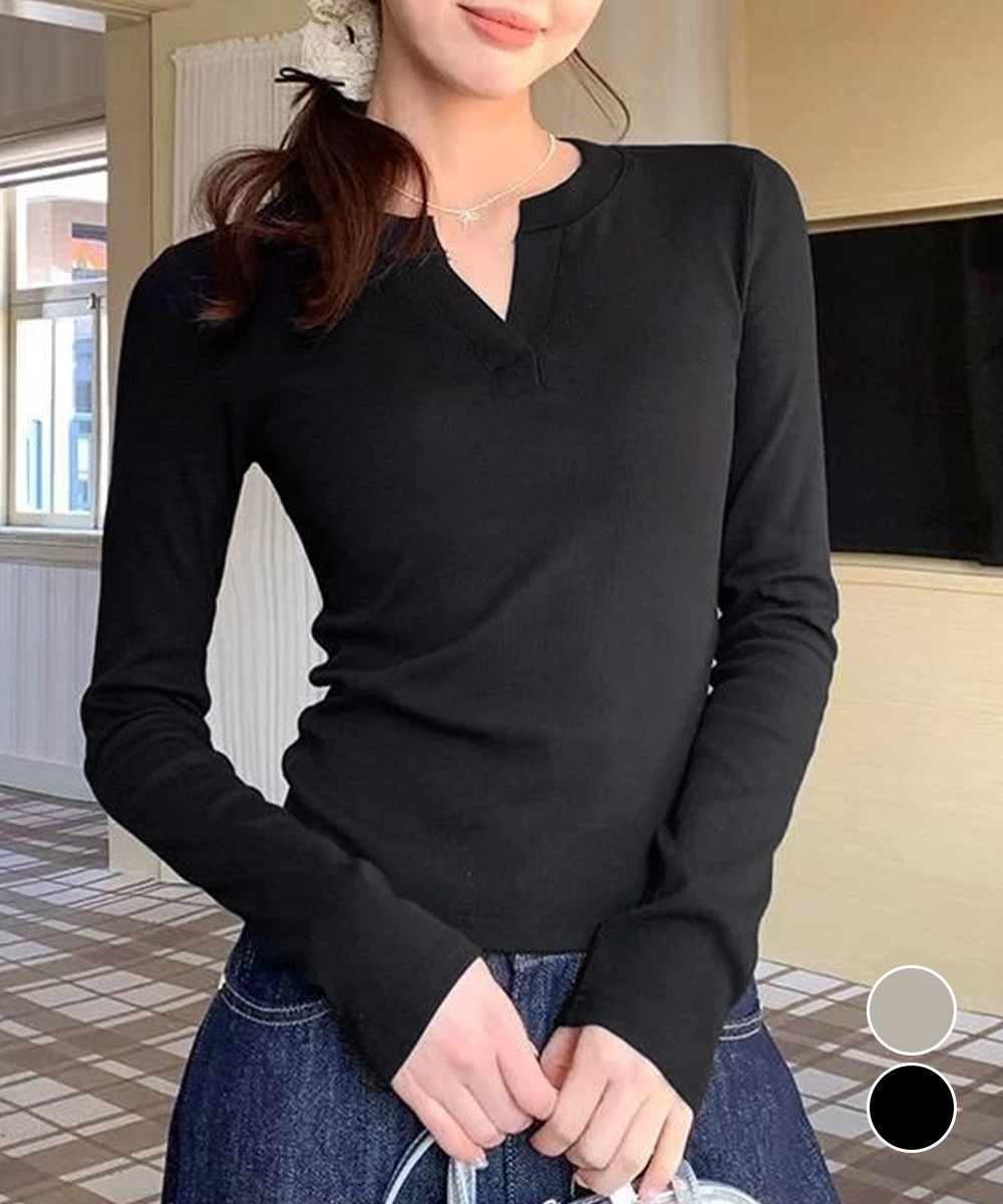 レディース長袖ロンT薄手 ヴィネック無地トップス