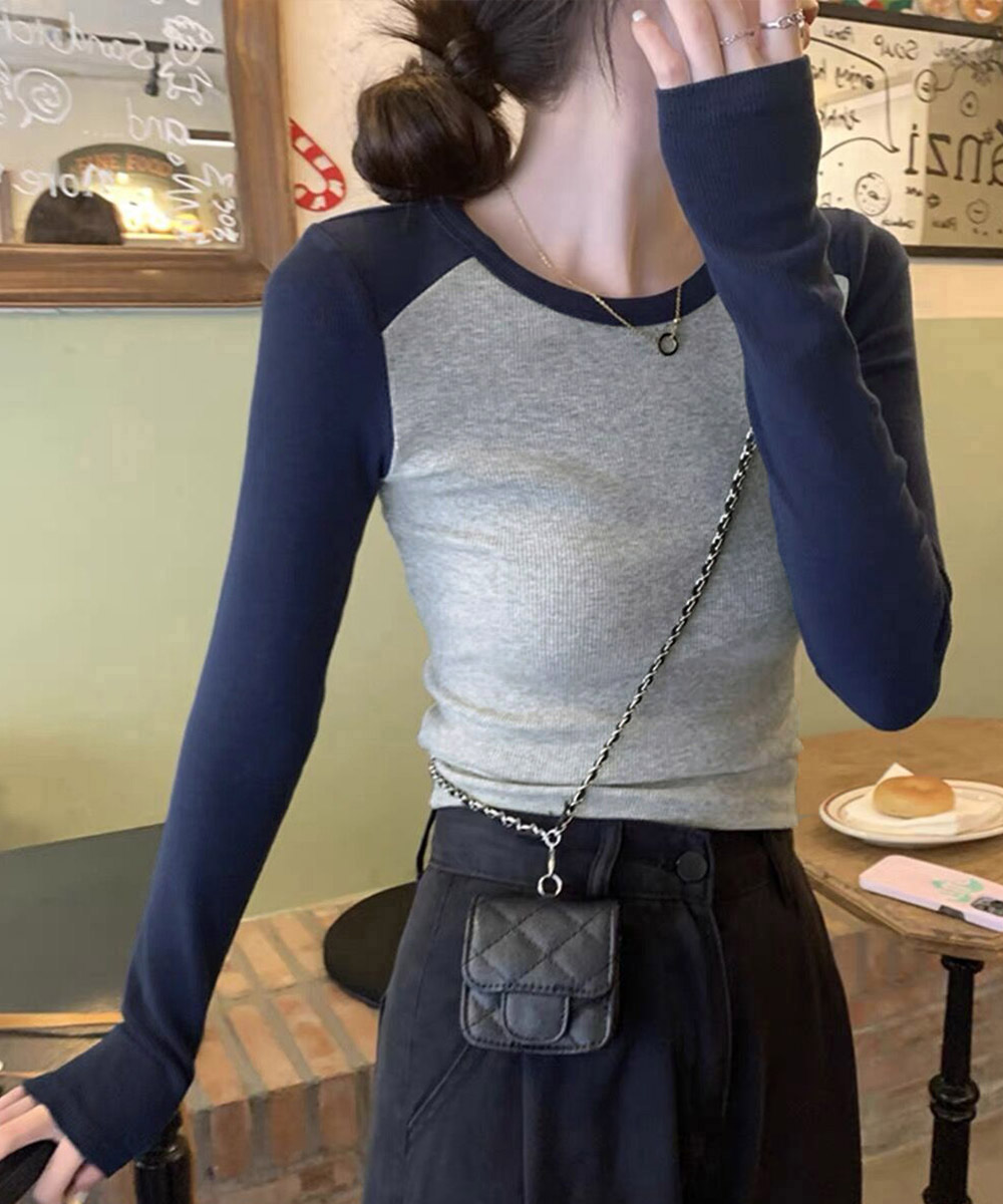 ロンT薄手 バイカラー配色リブ編み長袖ロンティー