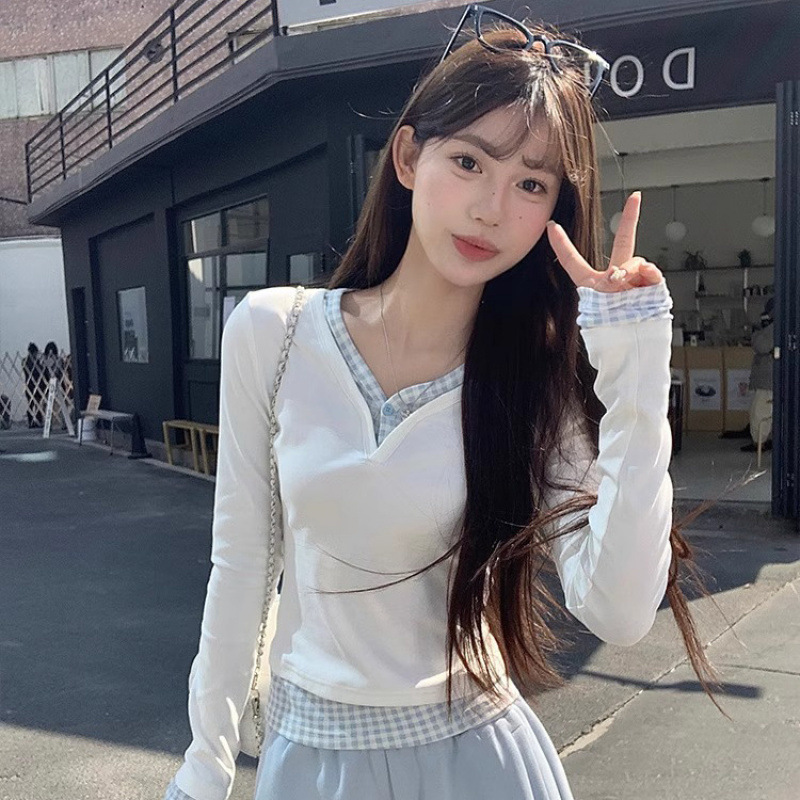 ロンT 格子柄トリム長袖プルオーバー