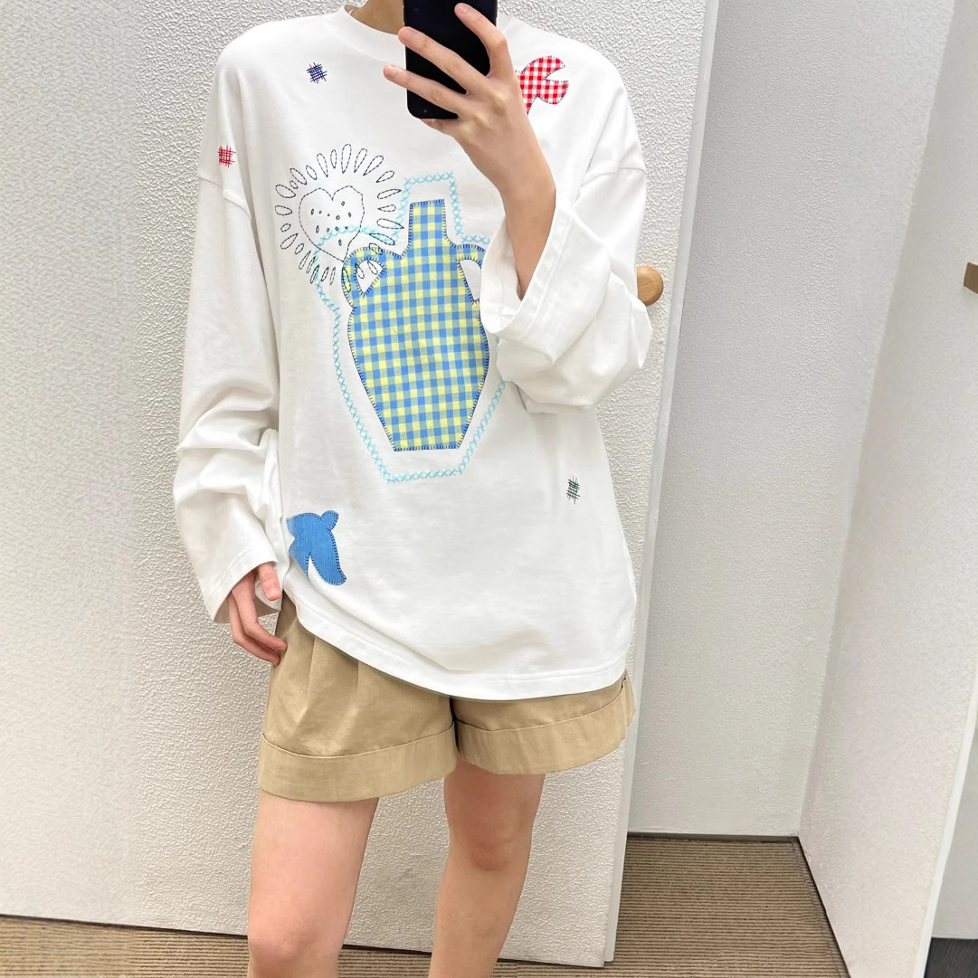 ロンT 愛の刺繍パッチワーク長袖