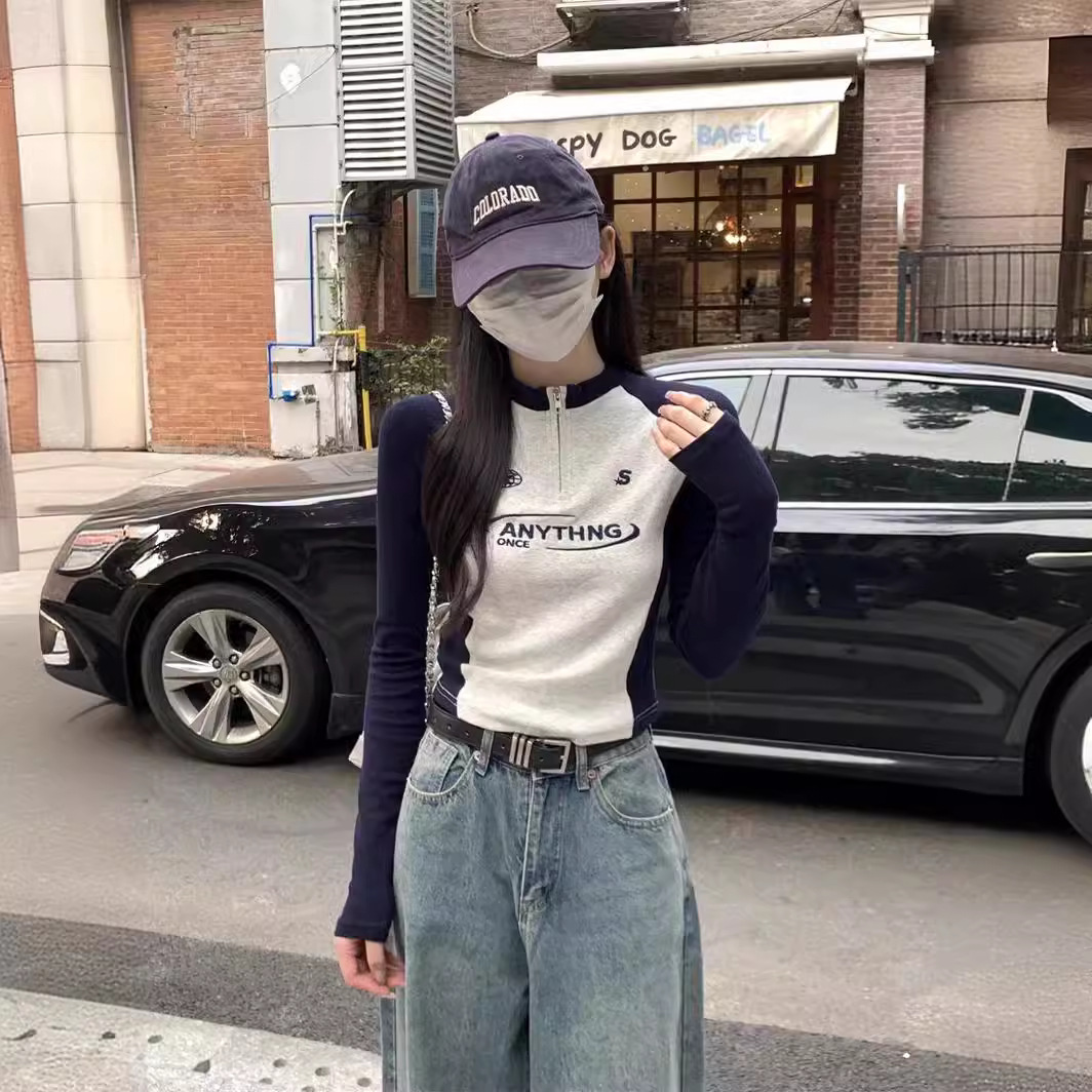 ロンT ラグラン切替ハーフジッププルオーバー