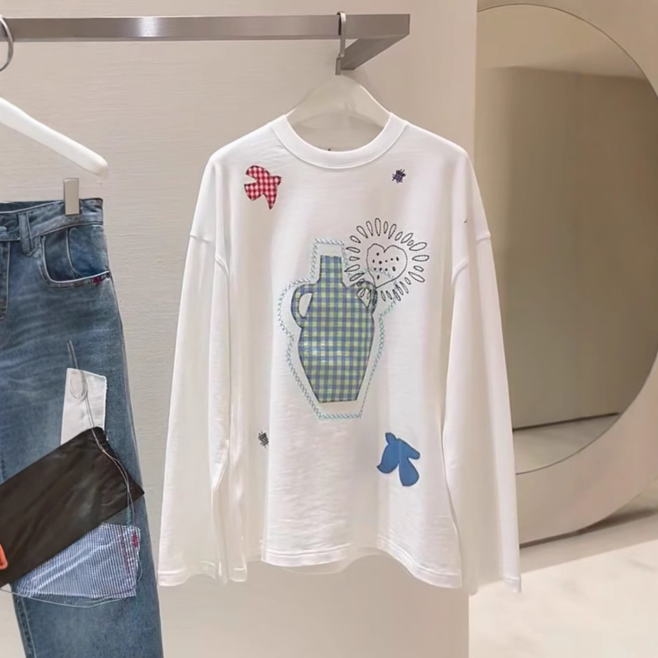 ロンT 愛の刺繍パッチワーク長袖
