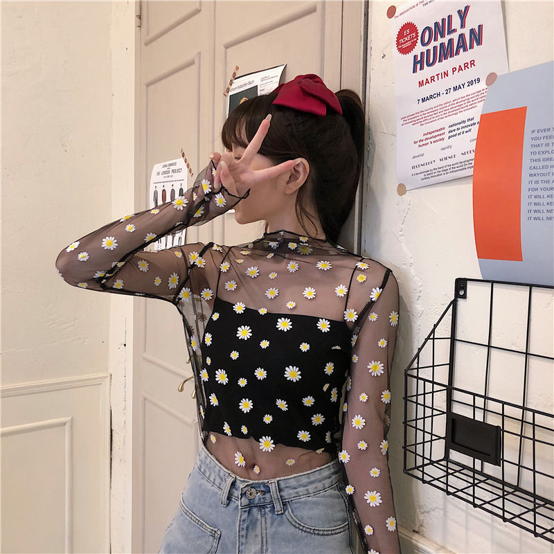 ロンT 小花柄シアー素材長袖トップス