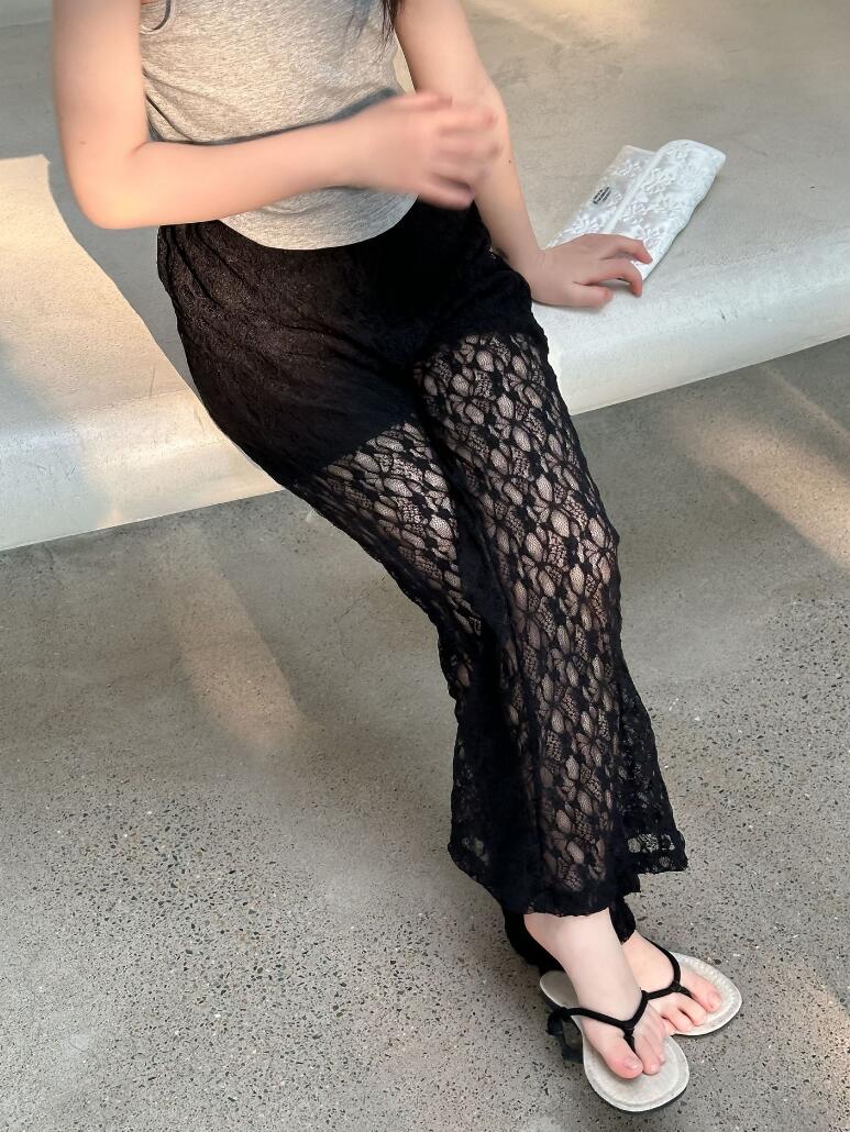  バギーパンツ キッズレースワイドパンツ 女の子用透かし編みズボン