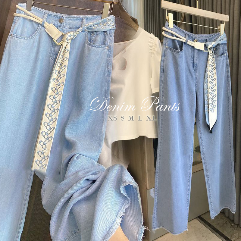  バギーパンツ 新作レディースデニム ハイウエスト スカーフベルト付きワイドパンツ