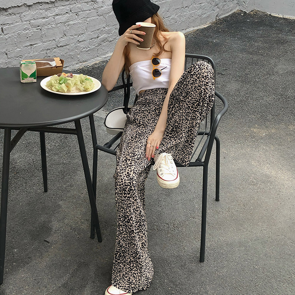  バギーパンツ 豹柄プリーツワイドパンツ夏用ゆったりバギータイプ
