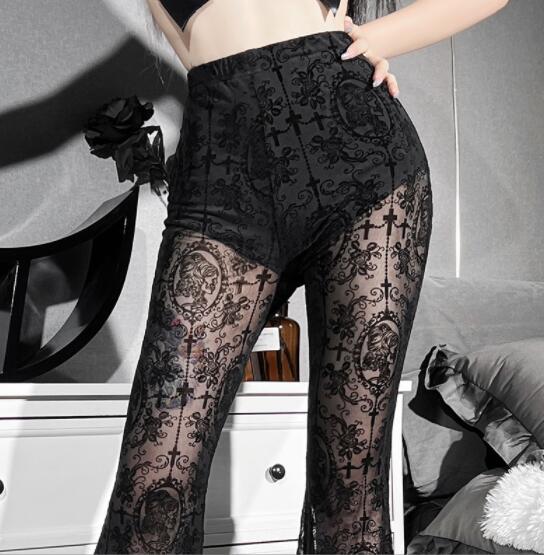  バギーパンツ 黒レース透け感ワイドフレアパンツ