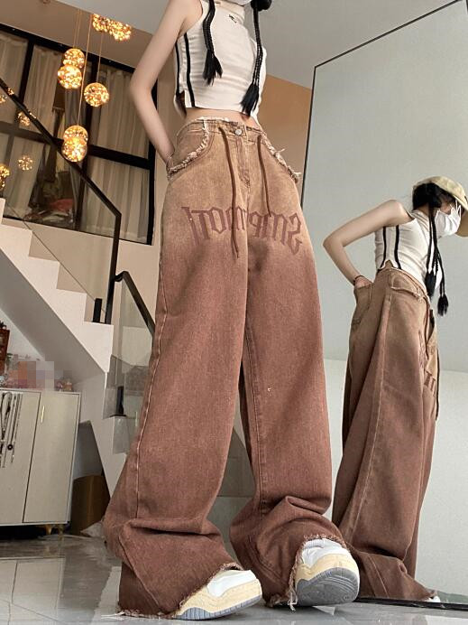 ユニセックス デニム バギーパンツ ワイド ズボン ブラウン