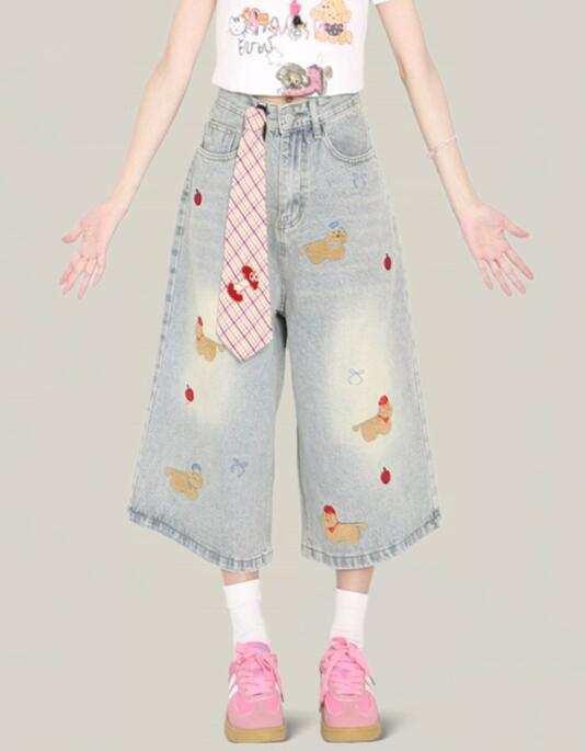  バギーパンツ 可愛い刺繍デニム七分丈ワイドパンツ レディース