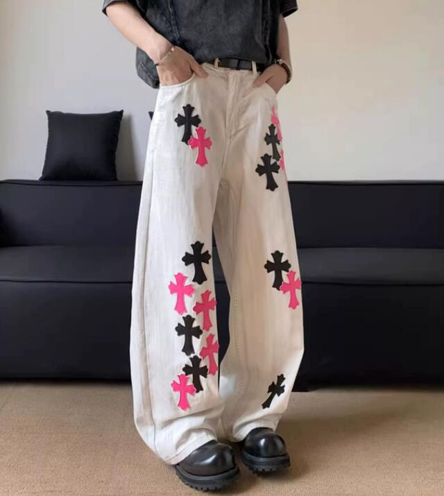  バギーパンツ 十字架柄デニムワイドパンツ 男性用ゆったりジーンズ