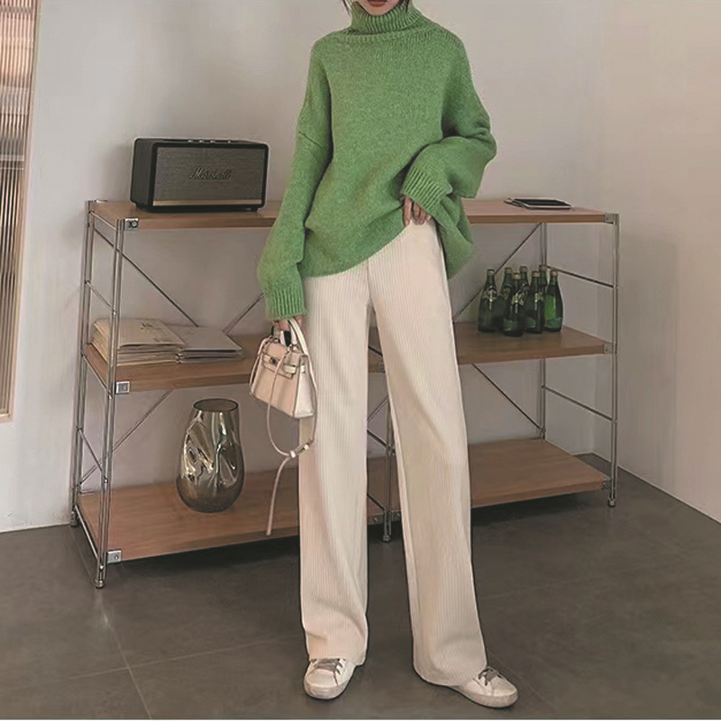  バギーパンツ コーデュロイ縦リブワイドパンツ女性用ゆったりウエストゴム