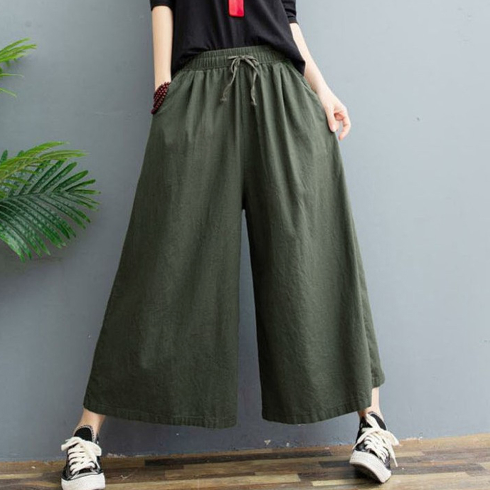  バギーパンツ 綿麻ワイドパンツ レディース ガウチョ ウエストゴム