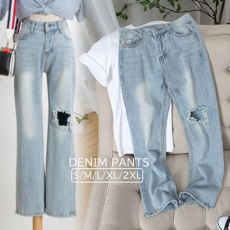 バギーパンツ レディース ハイウエスト ダメージデニム ゆったりワイドパンツ