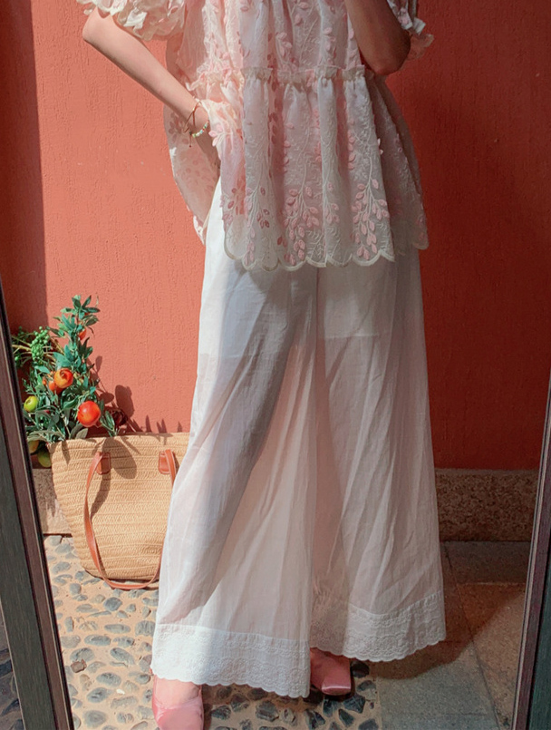  バギーパンツ 綿混レース裾ワイドパンツ ゴムウエスト ロング丈 重ね着対応