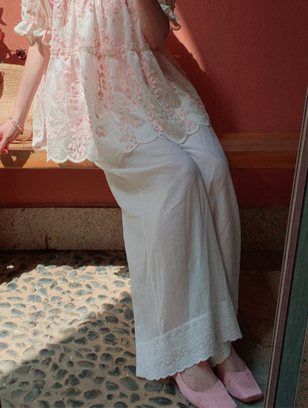  バギーパンツ 綿混レース裾ワイドパンツ ゴムウエスト ロング丈 重ね着対応