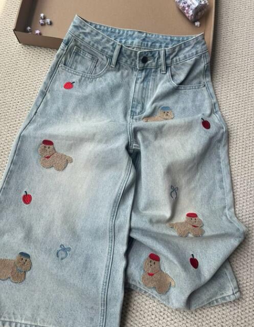  バギーパンツ 可愛い刺繍デニム七分丈ワイドパンツ レディース