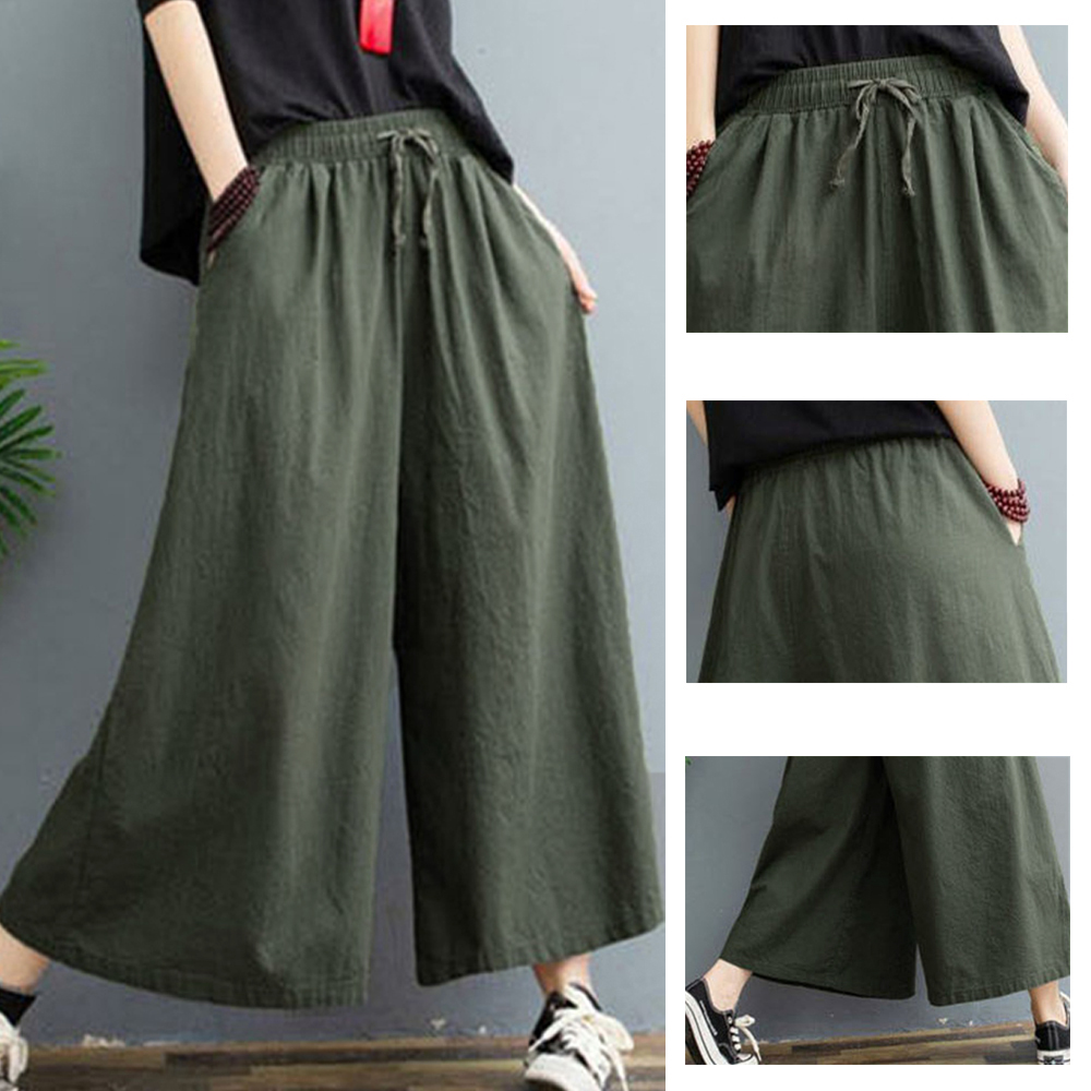  バギーパンツ 綿麻ワイドパンツ レディース ガウチョ ウエストゴム
