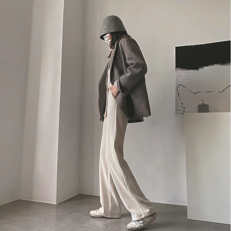 バギーパンツ コーデュロイ縦リブワイドパンツ女性用ゆったりウエストゴム