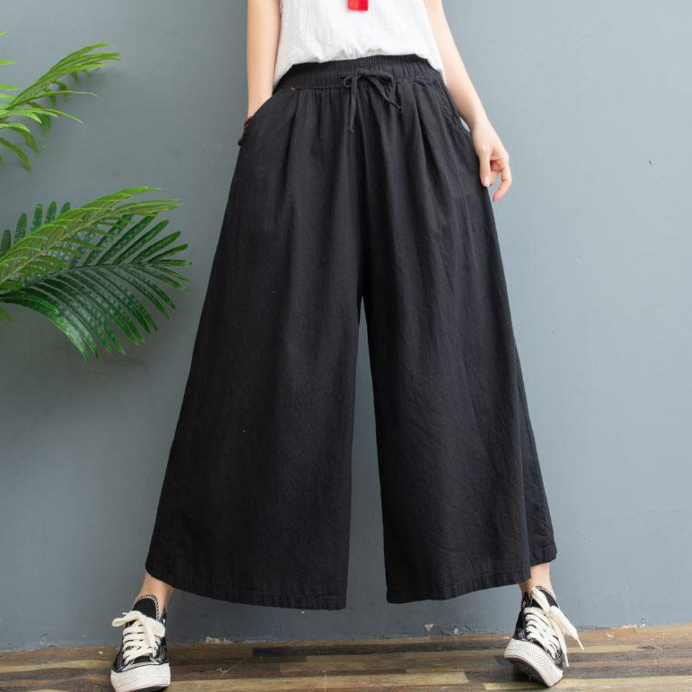  バギーパンツ 綿麻ワイドパンツ レディース ガウチョ ウエストゴム
