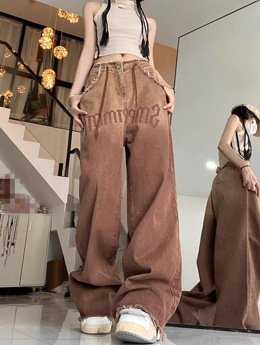 ユニセックス デニム バギーパンツ ワイド ズボン ブラウン