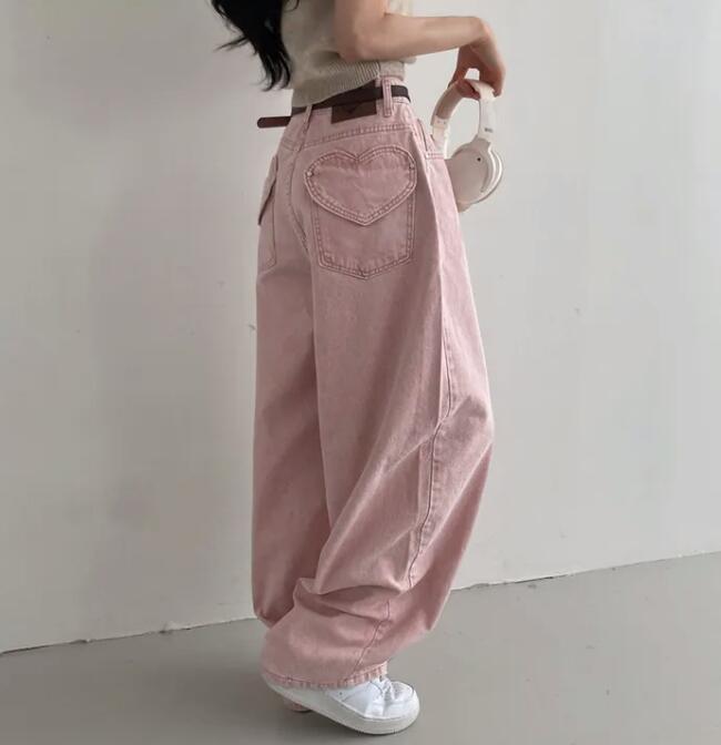  バギーパンツ ハート刺繍デニムワイドパンツ バギーシルエット