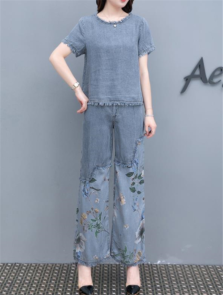  バギーパンツ 夏の花柄プリントデニム上下セット ゆったりバギーパンツ