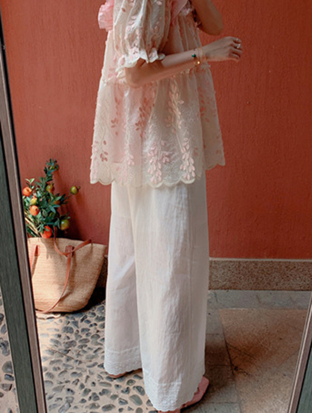  バギーパンツ 綿混レース裾ワイドパンツ ゴムウエスト ロング丈 重ね着対応