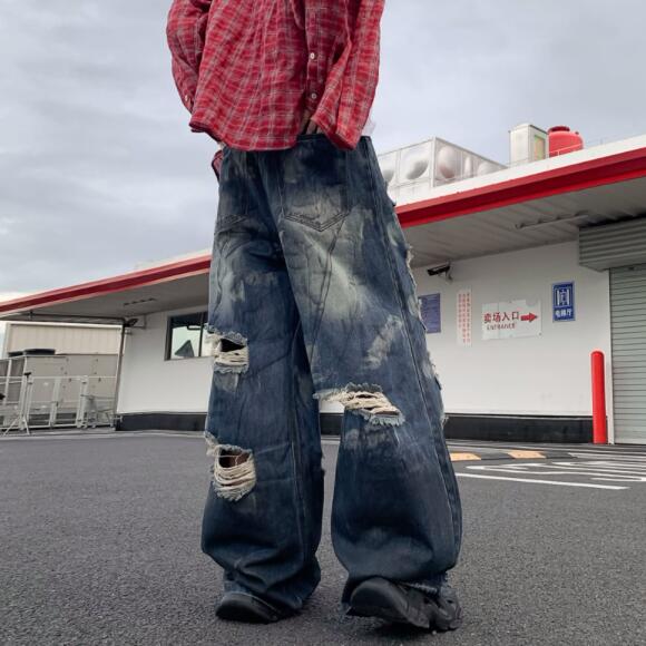 メンズ デニム バギーパンツ ダメージ加工 ワイド